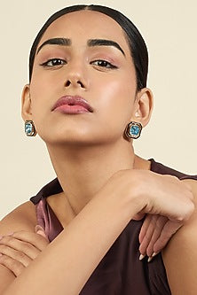 Gold Plated Aquamarine Crystal Enameled Stud Earrings