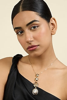 Gold Plated White & Mocha Mousse Crystal Enameled Y Necklace