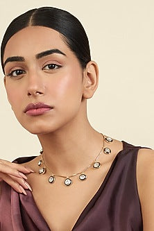 Gold Plated White Crystal Enameled Choker Necklace