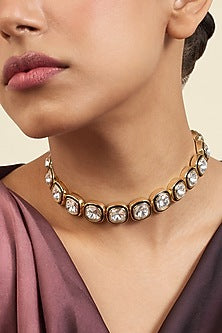 Gold Plated White Crystal Enameled Choker Necklace