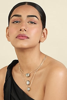 Gold Plated White Crystal Enameled Layered Necklace