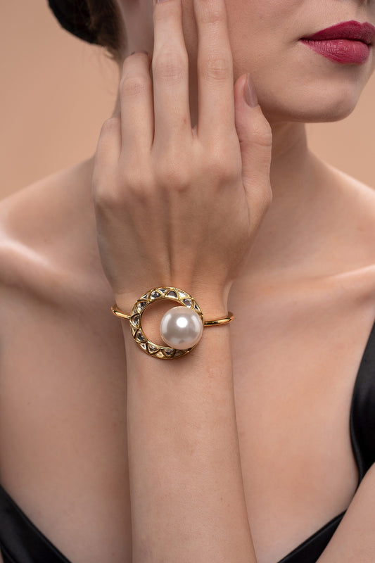 Gold Finish Mirror & Pearl Cuff Bracelet