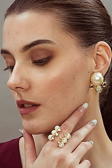 Gold Finish Mirror & Pearl Stud Earrings