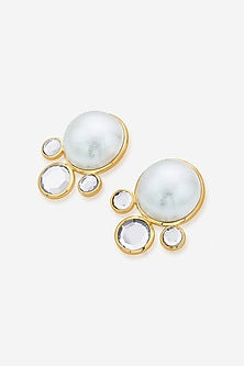 Gold Finish Mirror & Pearl Stud Earrings