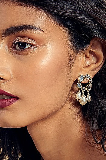Gold Finish Mirror & Pearl Dangler Earrings
