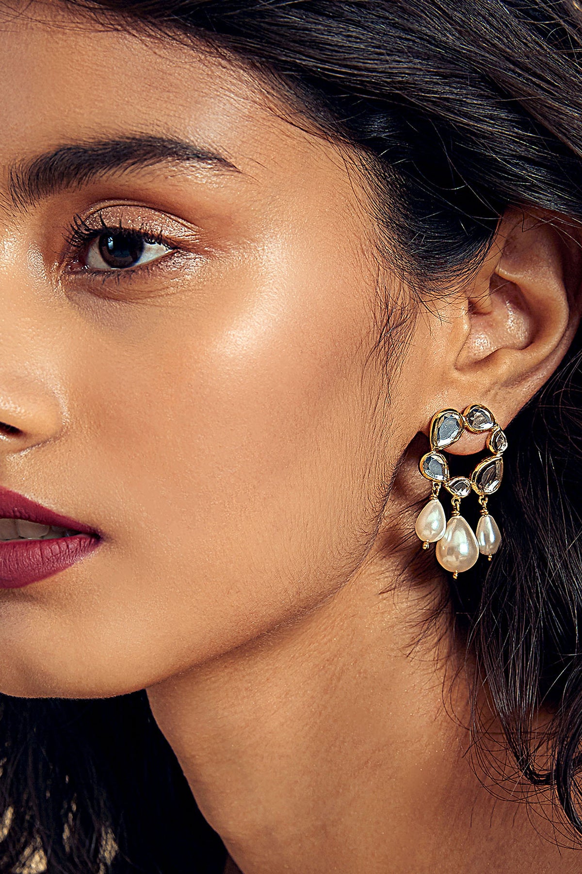 Gold Finish Mirror & Pearl Dangler Earrings
