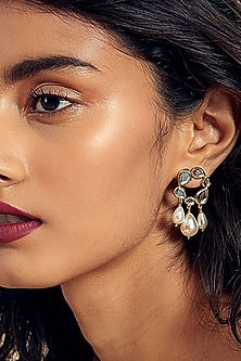 Gold Finish Mirror & Pearl Dangler Earrings