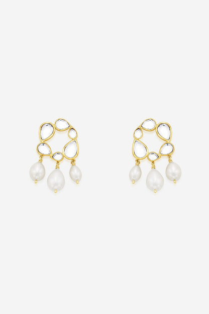 Gold Finish Mirror & Pearl Dangler Earrings