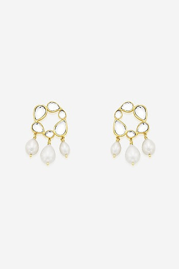 Gold Finish Mirror & Pearl Dangler Earrings