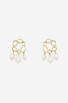 Gold Finish Mirror & Pearl Dangler Earrings
