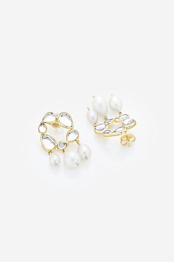 Gold Finish Mirror & Pearl Dangler Earrings