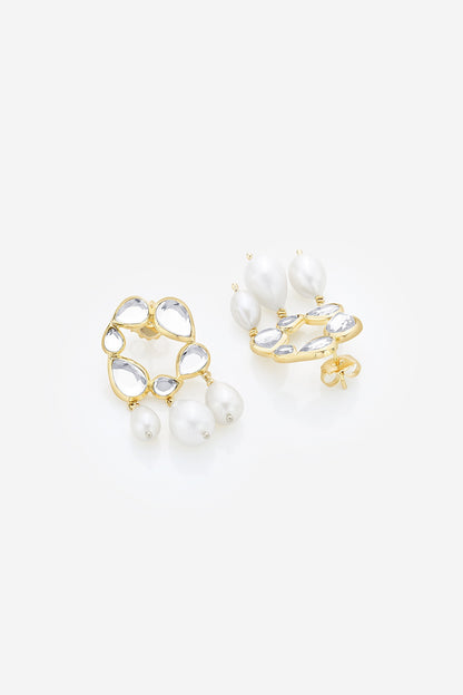 Gold Finish Mirror & Pearl Dangler Earrings
