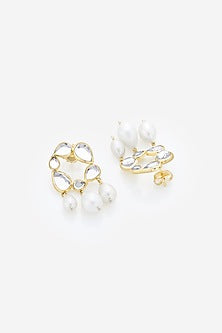Gold Finish Mirror & Pearl Dangler Earrings