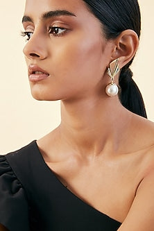 Gold Finish Mirror & Pearl Dangler Earrings