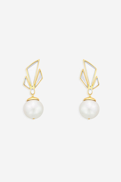 Gold Finish Mirror & Pearl Dangler Earrings