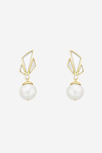 Gold Finish Mirror & Pearl Dangler Earrings