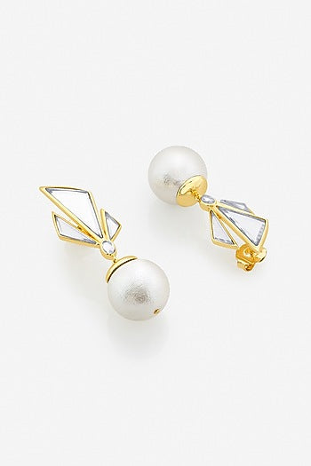 Gold Finish Mirror & Pearl Dangler Earrings