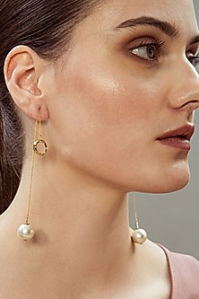 Gold Finish Mirror & Cotton Pearl Dangler Earrings