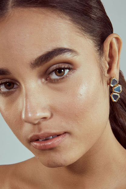 Gold Finish Mirror & CZ Stud Earrings