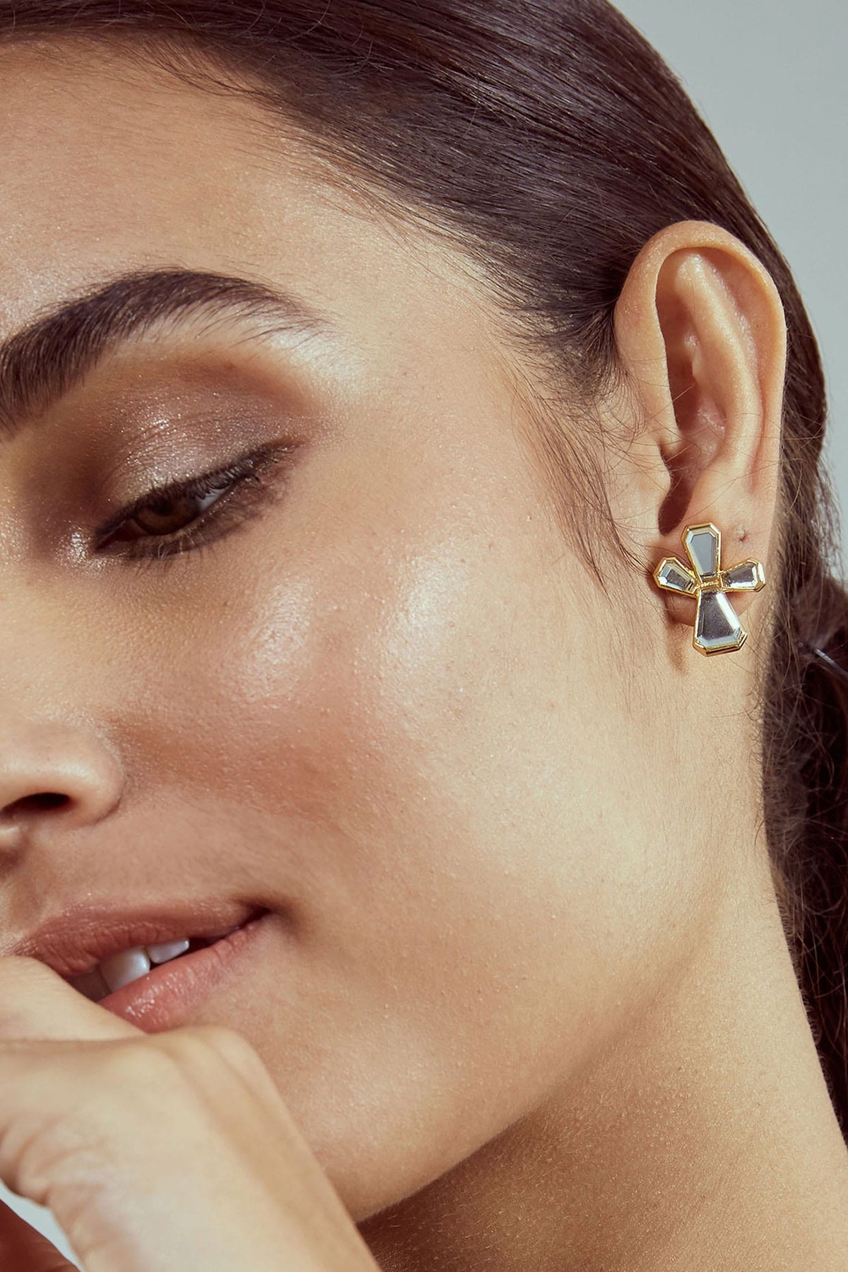 Gold Finish Mirror Stud Earrings