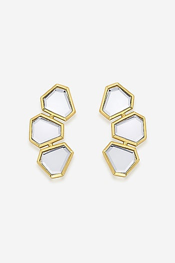 Gold Finish Mirror & CZ Dangler Earrings