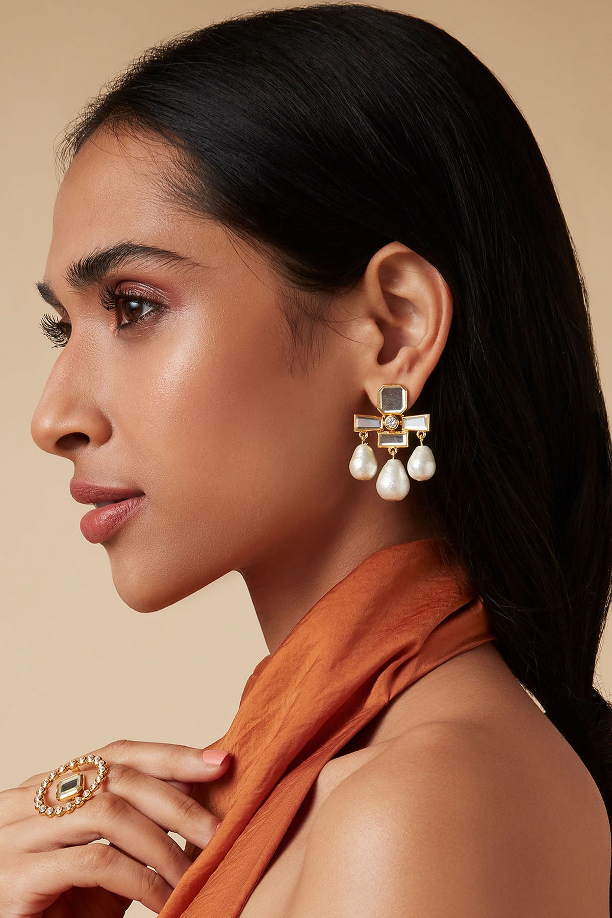 Gold Finish Hand-Cut Polki Mirror Dangler Earrings