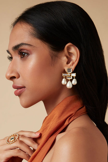 Gold Finish Hand-Cut Polki Mirror Dangler Earrings