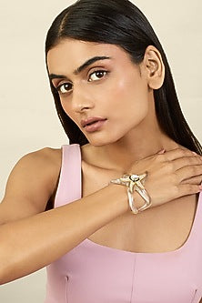 Gold Plated White Resin & Crystal Enameled Starfish Cuff