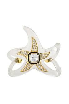 Gold Plated White Resin & Crystal Enameled Starfish Cuff