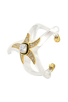 Gold Plated White Resin & Crystal Enameled Starfish Cuff