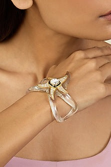 Gold Plated White Resin & Crystal Enameled Starfish Cuff