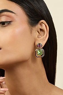 Gold Plated Amethyst Kelp Mismatched Enamelled Dangler Earrings