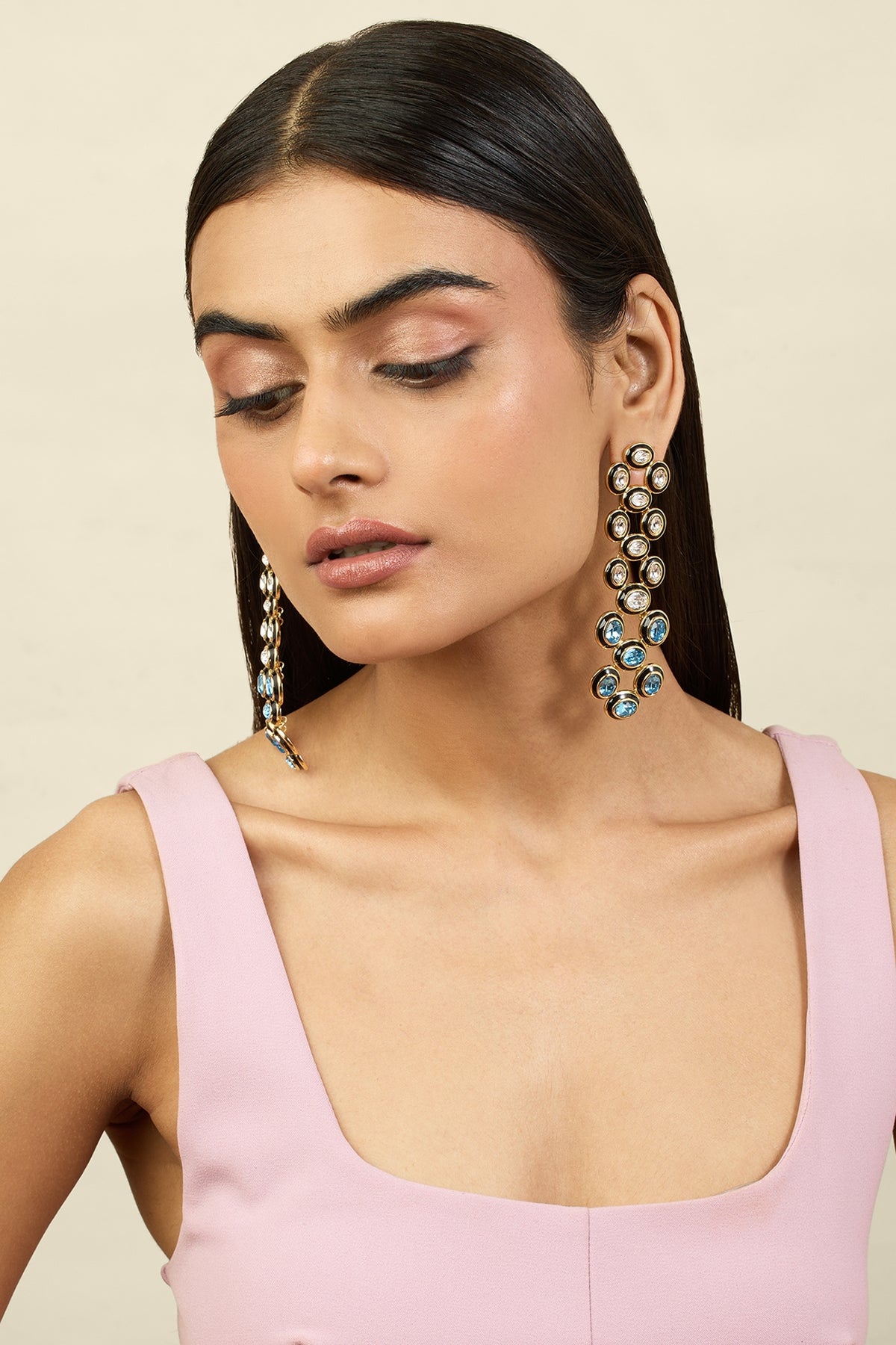 Gold Plated Aqua Cove Crystal Enameled Dangler Earrings
