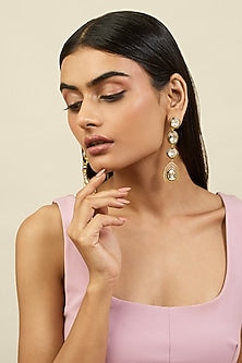 Gold Plated Resin & White Crystal Enamelled Dangler Earrings