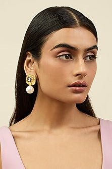 Gold Plated Resin & White Crystal Enameled Stud Earrings