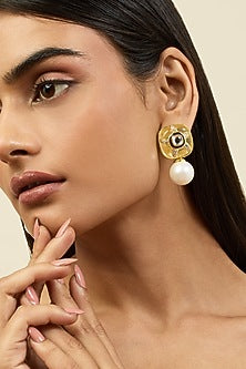 Gold Plated Resin & White Crystal Enameled Stud Earrings