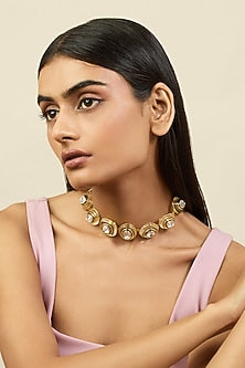 Gold Plated White Crystal Enameled Tidal Choker Necklace