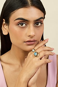 Gold Plated Aquamarine Crystal Enamelled Two-Head Ring