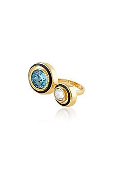 Gold Plated Aquamarine Crystal Enamelled Two-Head Ring