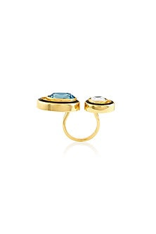 Gold Plated Aquamarine Crystal Enamelled Two-Head Ring