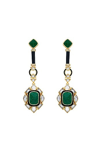 Gold Finish Polki-Cut Mirror & Carved Green Stone Dangler Earrings