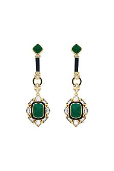 Gold Finish Polki-Cut Mirror & Carved Green Stone Dangler Earrings