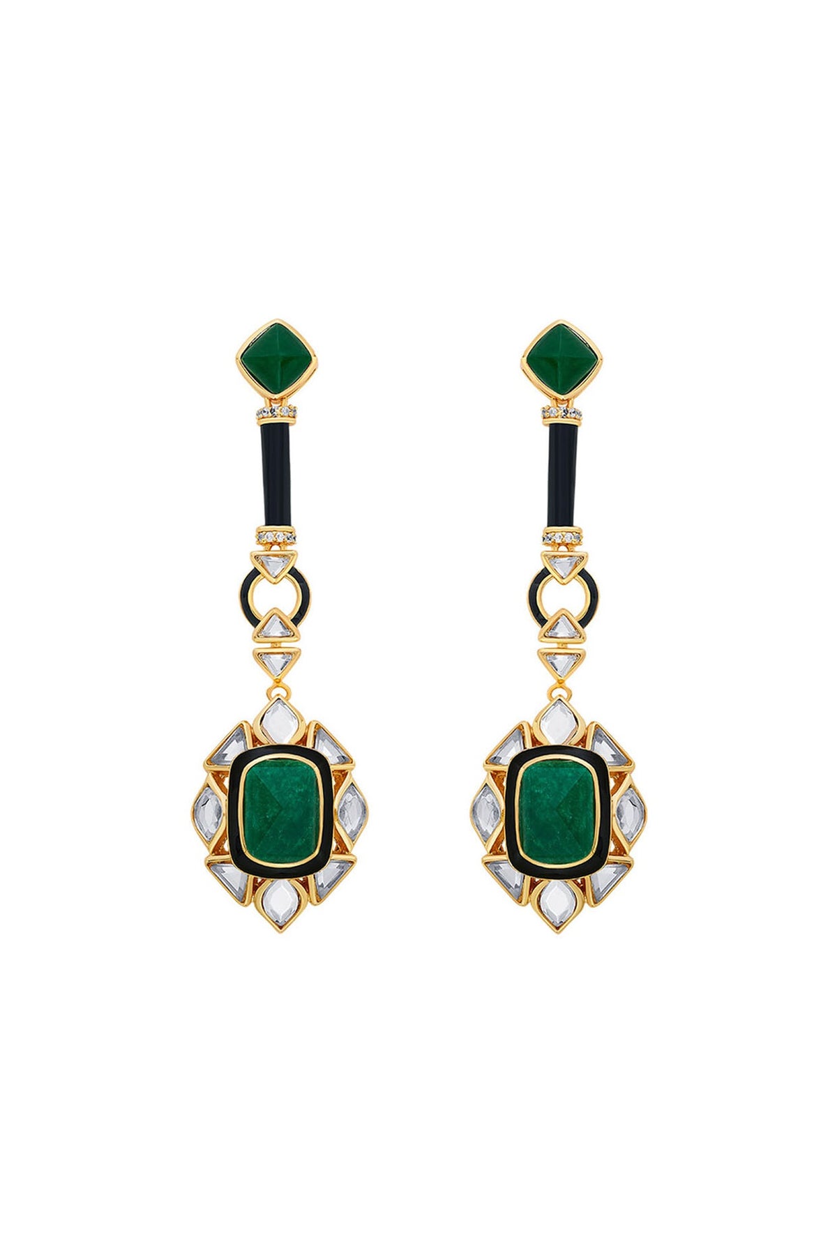 Gold Finish Polki-Cut Mirror & Carved Green Stone Dangler Earrings
