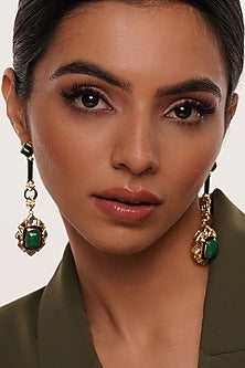 Gold Finish Polki-Cut Mirror & Carved Green Stone Dangler Earrings