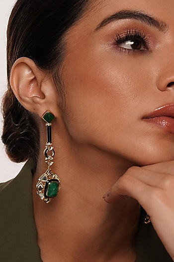 Gold Finish Polki-Cut Mirror & Carved Green Stone Dangler Earrings