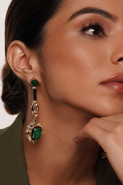 Gold Finish Polki-Cut Mirror & Carved Green Stone Dangler Earrings