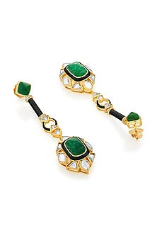 Gold Finish Polki-Cut Mirror & Carved Green Stone Dangler Earrings