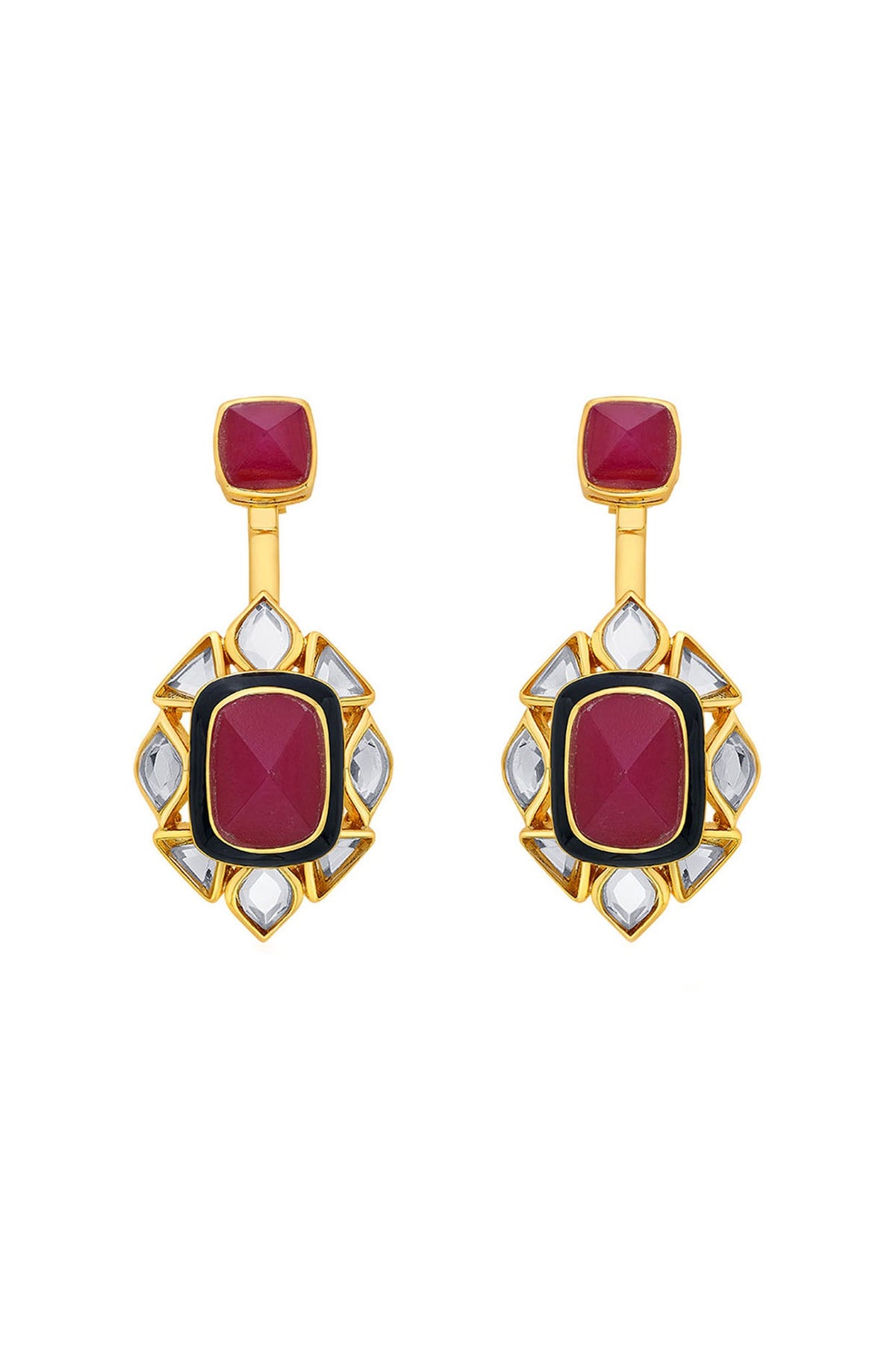 Gold Plated Pink Jade & Mirror Dangler Earrings
