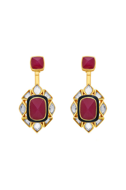 Gold Plated Pink Jade & Mirror Dangler Earrings