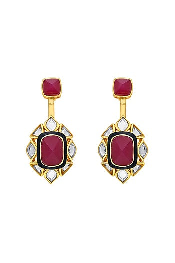 Gold Plated Pink Jade & Mirror Dangler Earrings